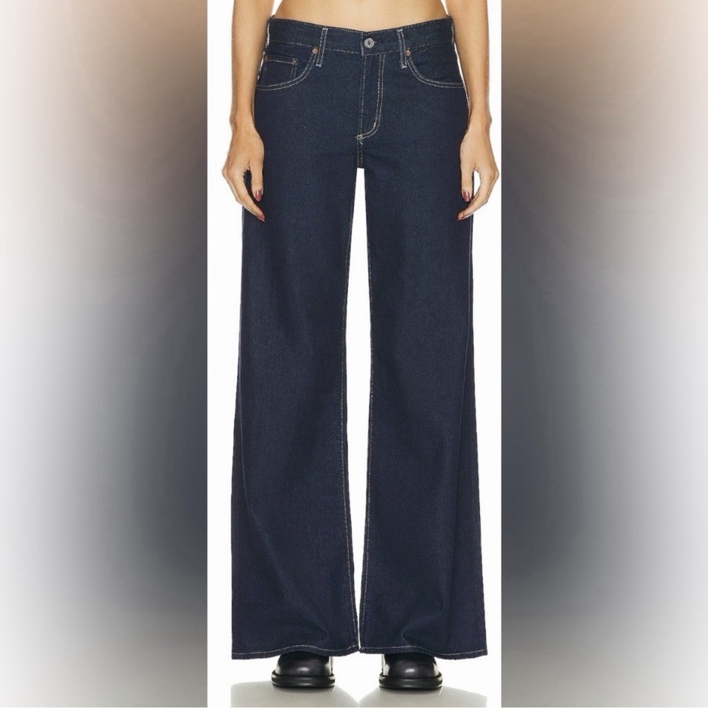 NWT Agolde Clara Baggy Wide Leg Flare Jeans Dark Wash Whisper Blue Denim Size 32